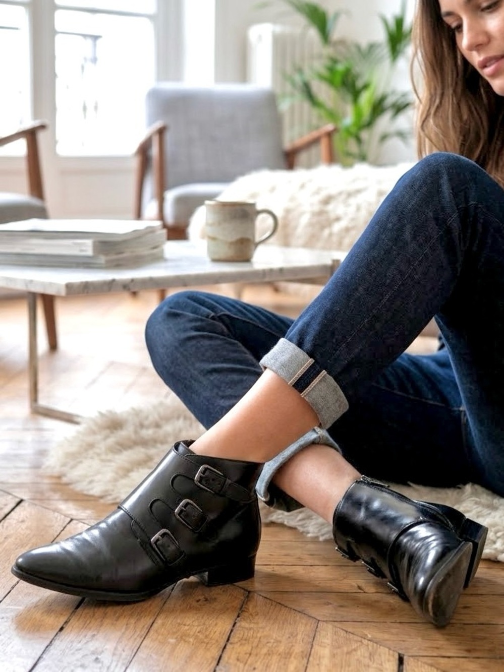 Michael Kors Women 7,5 Black Leather Triple Buckle Fashion Moto Biker Ankle Boot